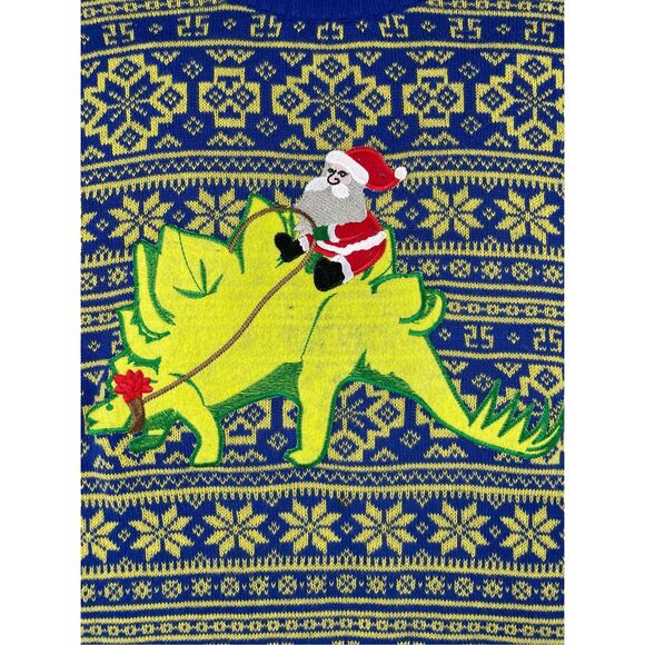 Mens Ugly Christmas Sweater L Blue Yellow Santa Dinosaur Knit Funny Holiday - Picture 2 of 9